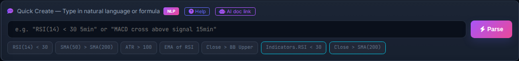 Quick Create box with example chips
